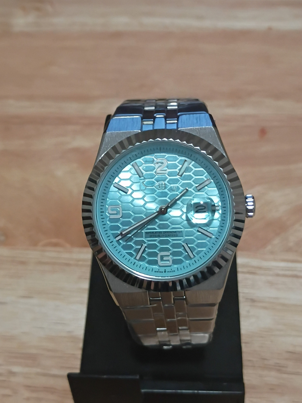 Silver Stainless Steel Watch with Aqua Honeycomb Dial
